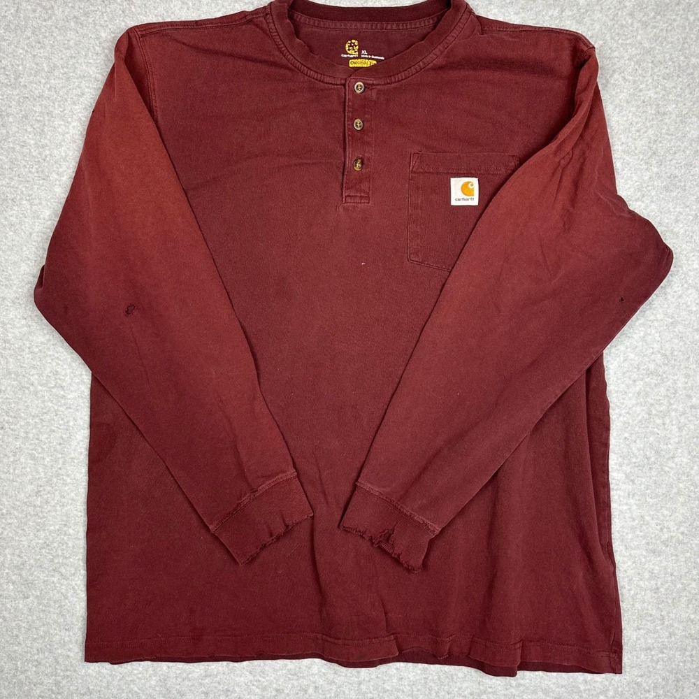 Y2K Carhartt Mens XL Henley Shirt Long Sleeve Pocket Distressed Burgundy Maroon